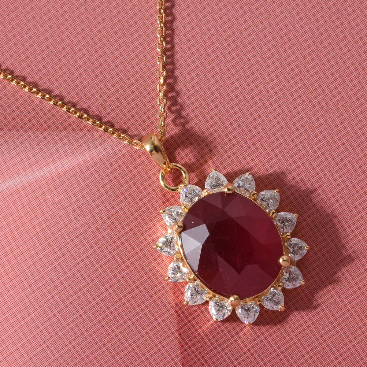 GRAND STATEMENT MIRAGE COLLECTION - AAA African Ruby &amp; Moissanite Halo Pendant with Chain (Size 20) in 18K Vermeil Yellow Gold Plated Sterling Silver 7.90 Ct. V32515223 2