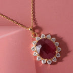 GRAND STATEMENT MIRAGE COLLECTION - AAA African Ruby & Moissanite Halo Pendant with Chain (Size 20) in 18K Vermeil Yellow Gold Plated Sterling Silver 7.90 Ct._4488780_1