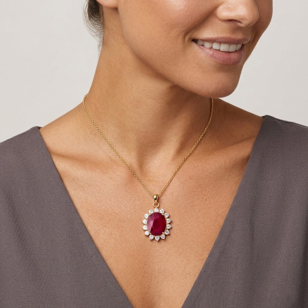 GRAND STATEMENT MIRAGE COLLECTION - AAA African Ruby &amp; Moissanite Halo Pendant with Chain (Size 20) in 18K Vermeil Yellow Gold Plated Sterling Silver 7.90 Ct. V32515223 3
