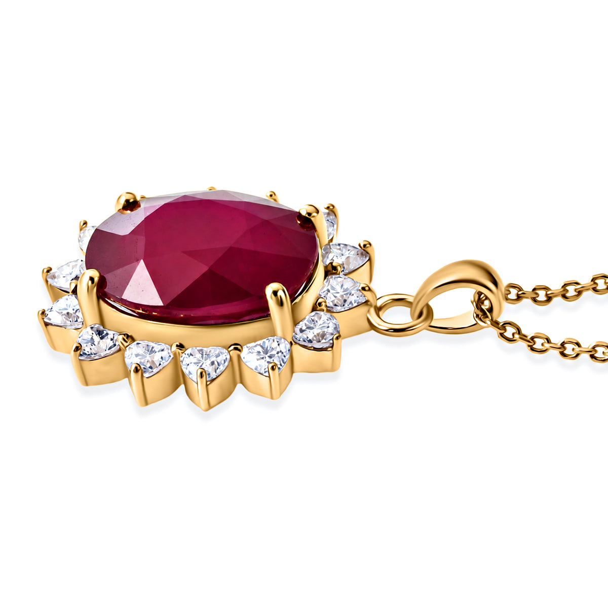 GRAND STATEMENT MIRAGE COLLECTION - AAA African Ruby &amp; Moissanite Halo Pendant with Chain (Size 20) in 18K Vermeil Yellow Gold Plated Sterling Silver 7.90 Ct. V32515223 4