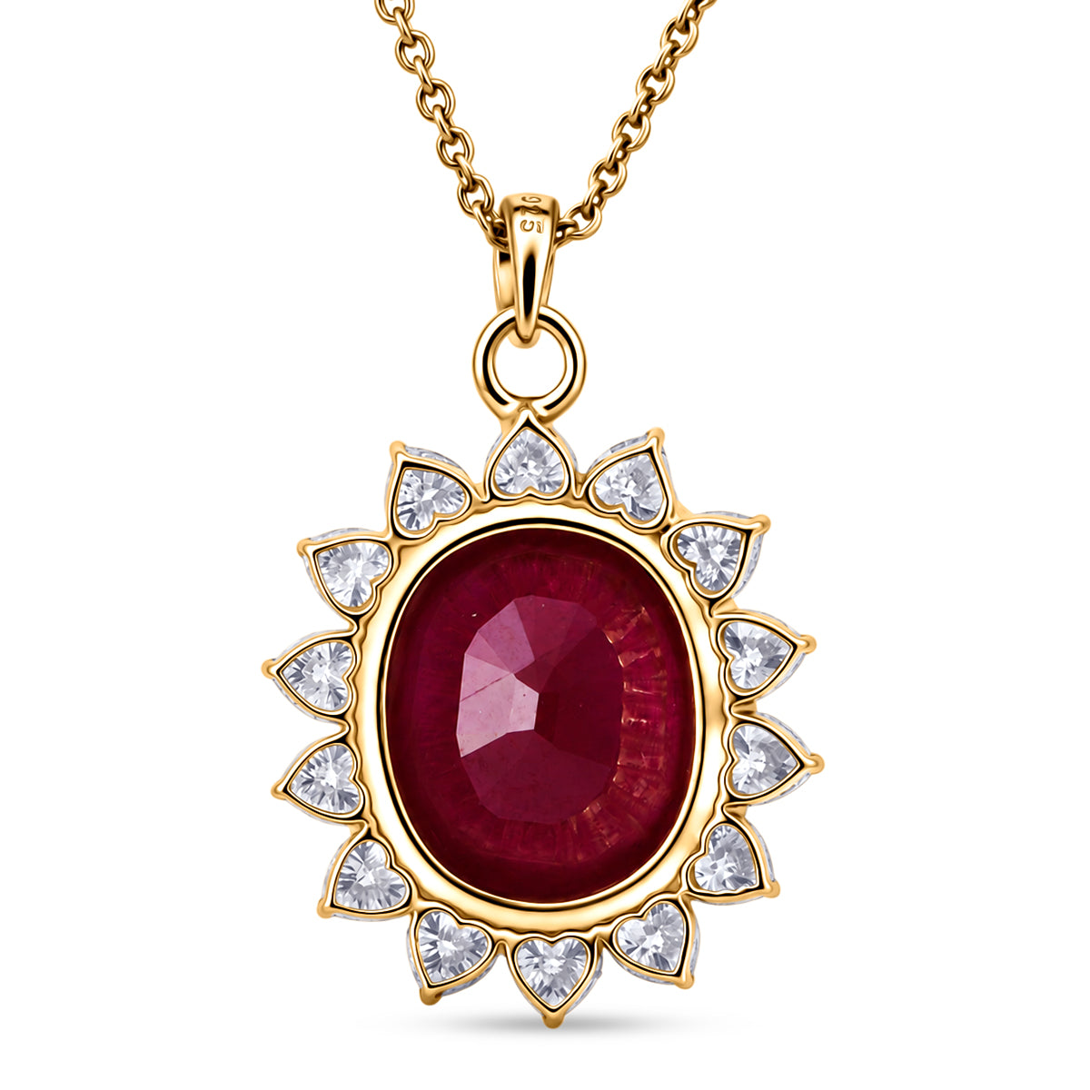 GRAND STATEMENT MIRAGE COLLECTION - AAA African Ruby &amp; Moissanite Halo Pendant with Chain (Size 20) in 18K Vermeil Yellow Gold Plated Sterling Silver 7.90 Ct. V32515223 5