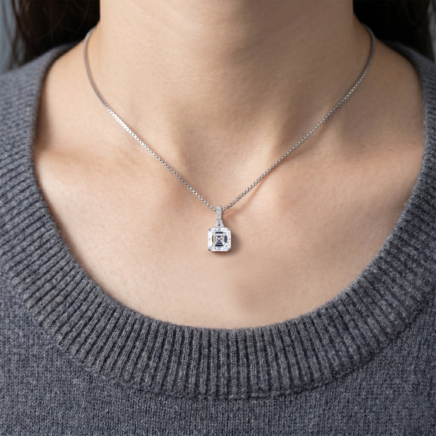 The Royal Asscher Commission - Moissanite Pendant with Chain (Size 20) in Rhodium Overlay Sterling Silver 6.30 Ct. V32526101 1