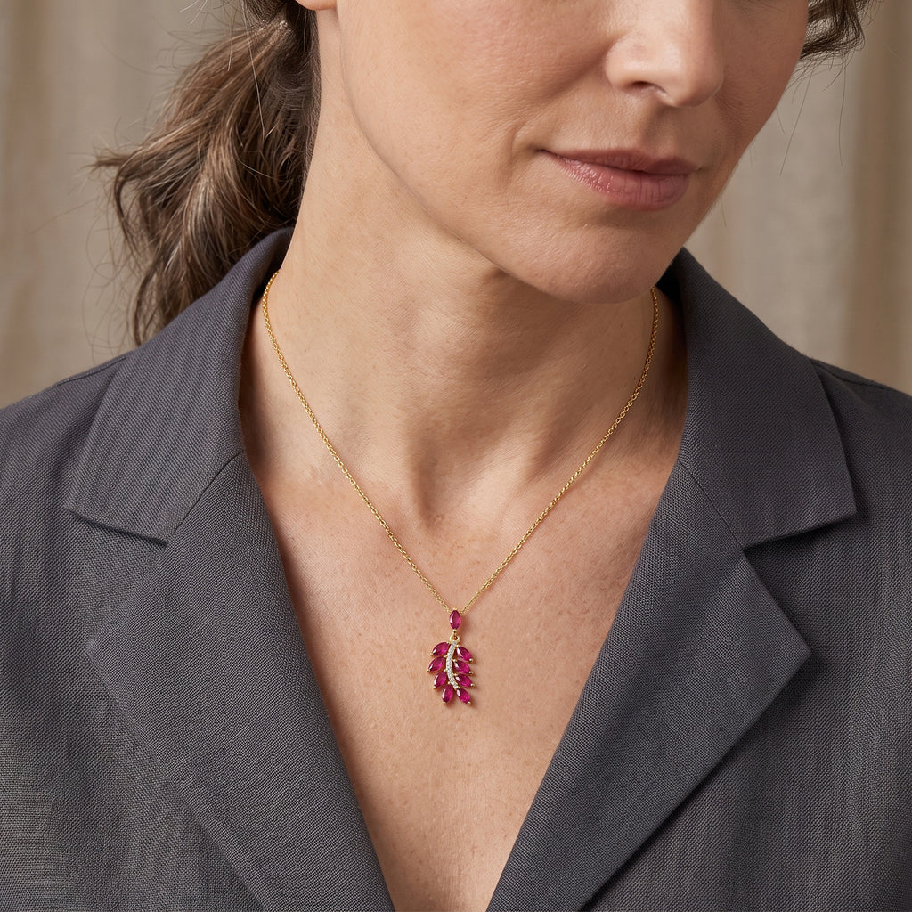 D'Joy - Premium African Ruby & White Zircon Leaf Pendant with Chain (Size 20) in Yellow Gold Plated Sterling Silver 2.07 Ct._4489579_1