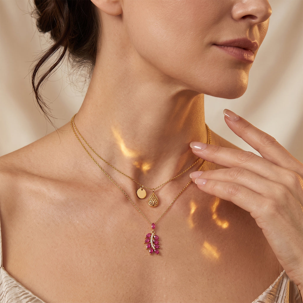 D'Joy - Premium African Ruby & White Zircon Leaf Pendant with Chain (Size 20) in Yellow Gold Plated Sterling Silver 2.07 Ct._4489579_2