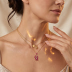 D'Joy - Premium African Ruby & White Zircon Leaf Pendant with Chain (Size 20) in Yellow Gold Plated Sterling Silver 2.07 Ct._4489579_2