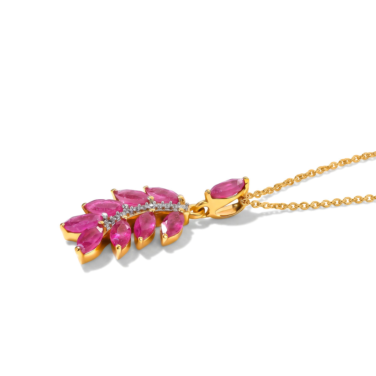 D'Joy - African Ruby &amp; White Zircon Leaf Pendant with Chain (Size 20) in Yellow Gold Plated Sterling Silver 2.07 Ct. V32513283 4