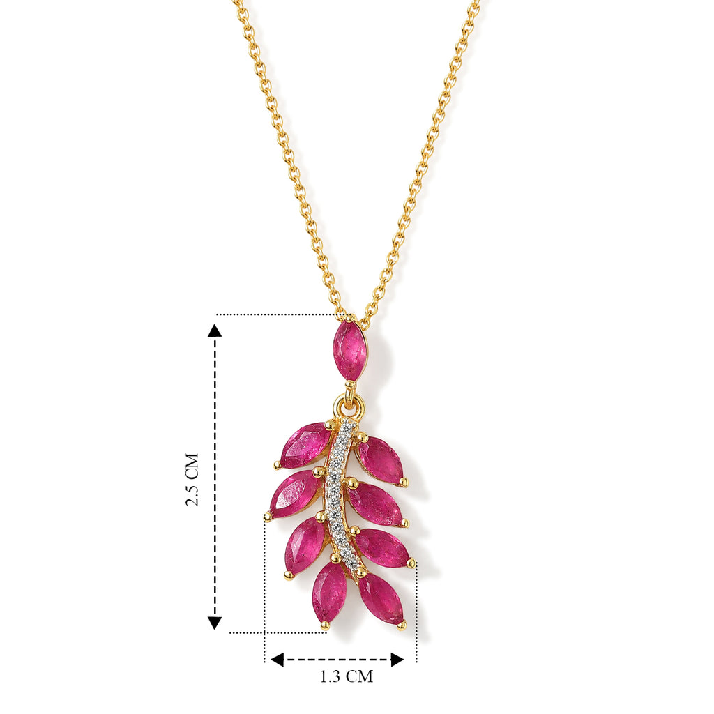 D'Joy - Premium African Ruby & White Zircon Leaf Pendant with Chain (Size 20) in Yellow Gold Plated Sterling Silver 2.07 Ct._4489579_4