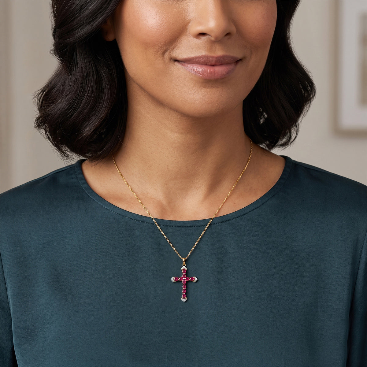 D'Joy - Premium African Ruby &amp; White Zircon Cross Pendant with Chain (Size 20) in Yellow Gold Plated Sterling Silver 3.00 Ct. 4489585 2