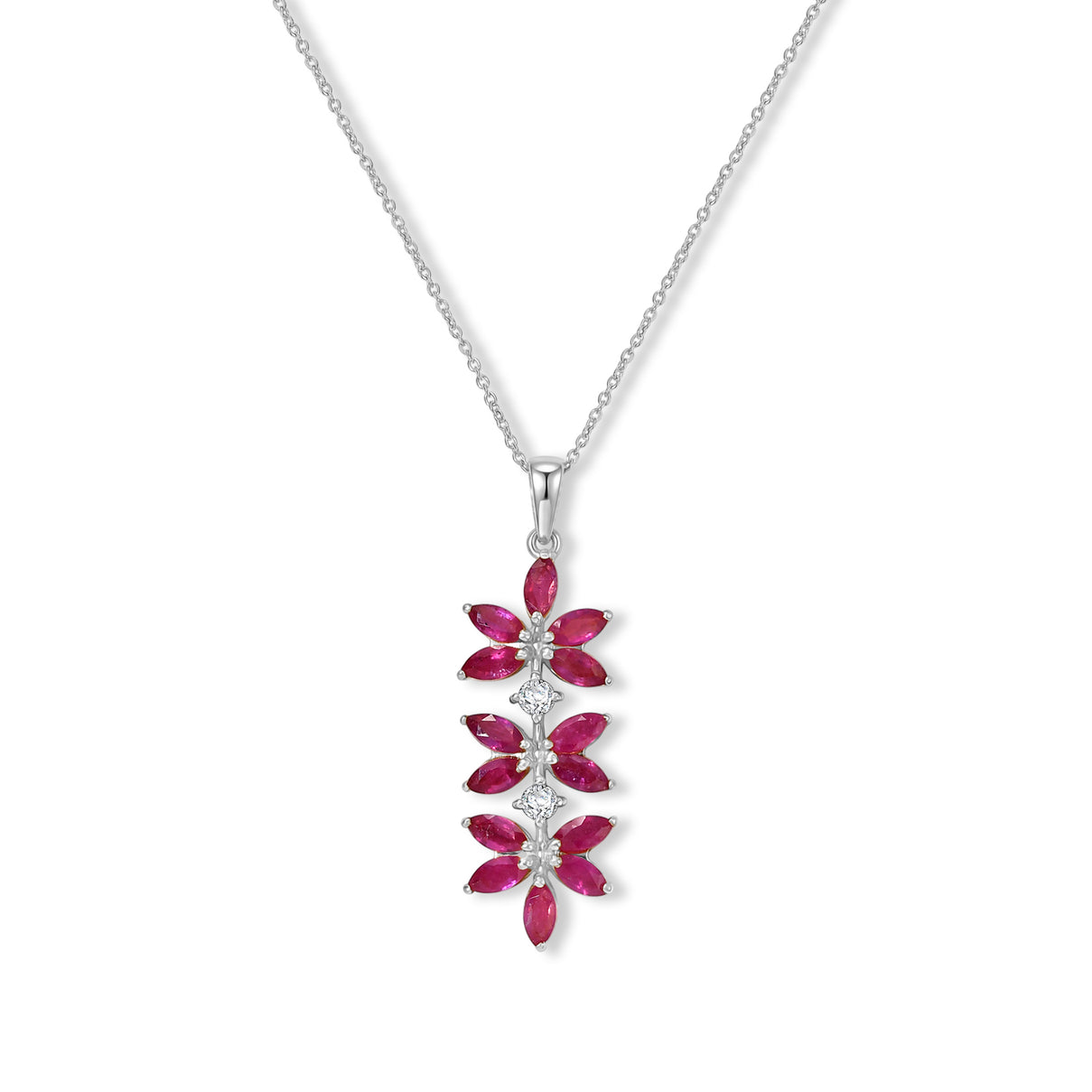 D'Joy - African Ruby &amp; White Zircon Floral Pendant with Chain (Size 20) in Platinum Overlay Sterling Silver 3.40 Ct. 4489587 0