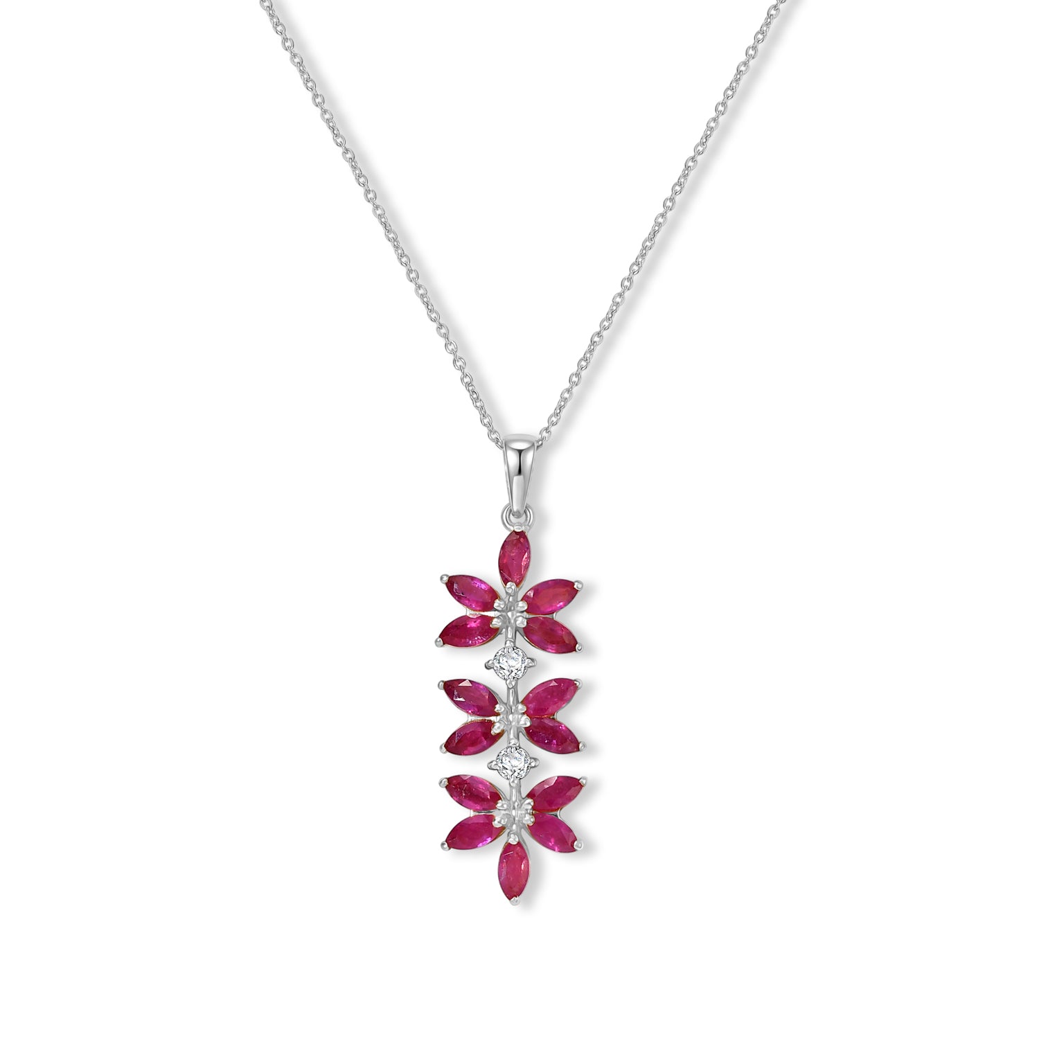 D'Joy - African Ruby &amp; White Zircon Floral Pendant with Chain (Size 20) in Platinum Overlay Sterling Silver 3.40 Ct. 4489587 0