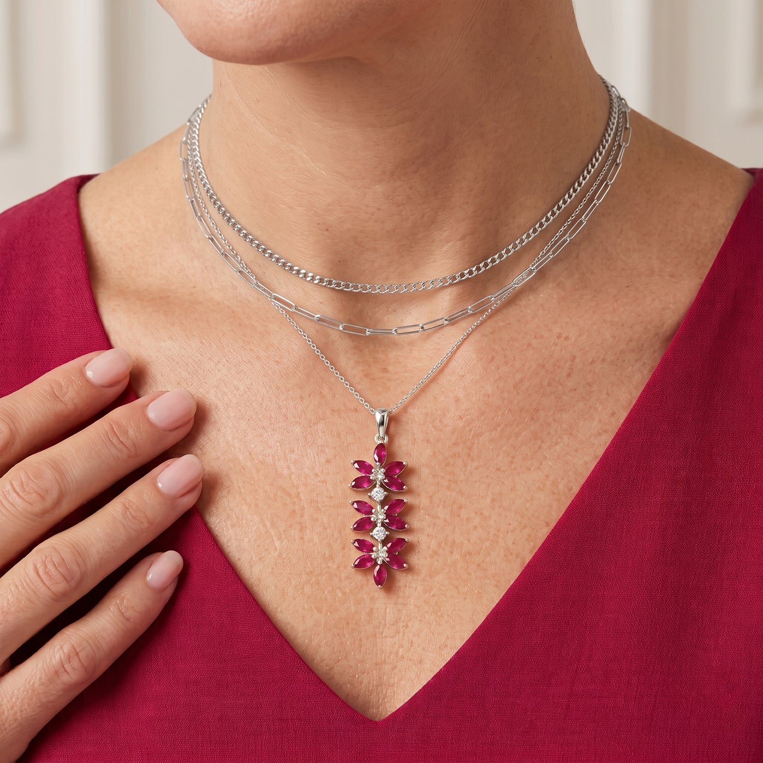 D'Joy - African Ruby &amp; White Zircon Floral Pendant with Chain (Size 20) in Platinum Overlay Sterling Silver 3.40 Ct. 4489587 2