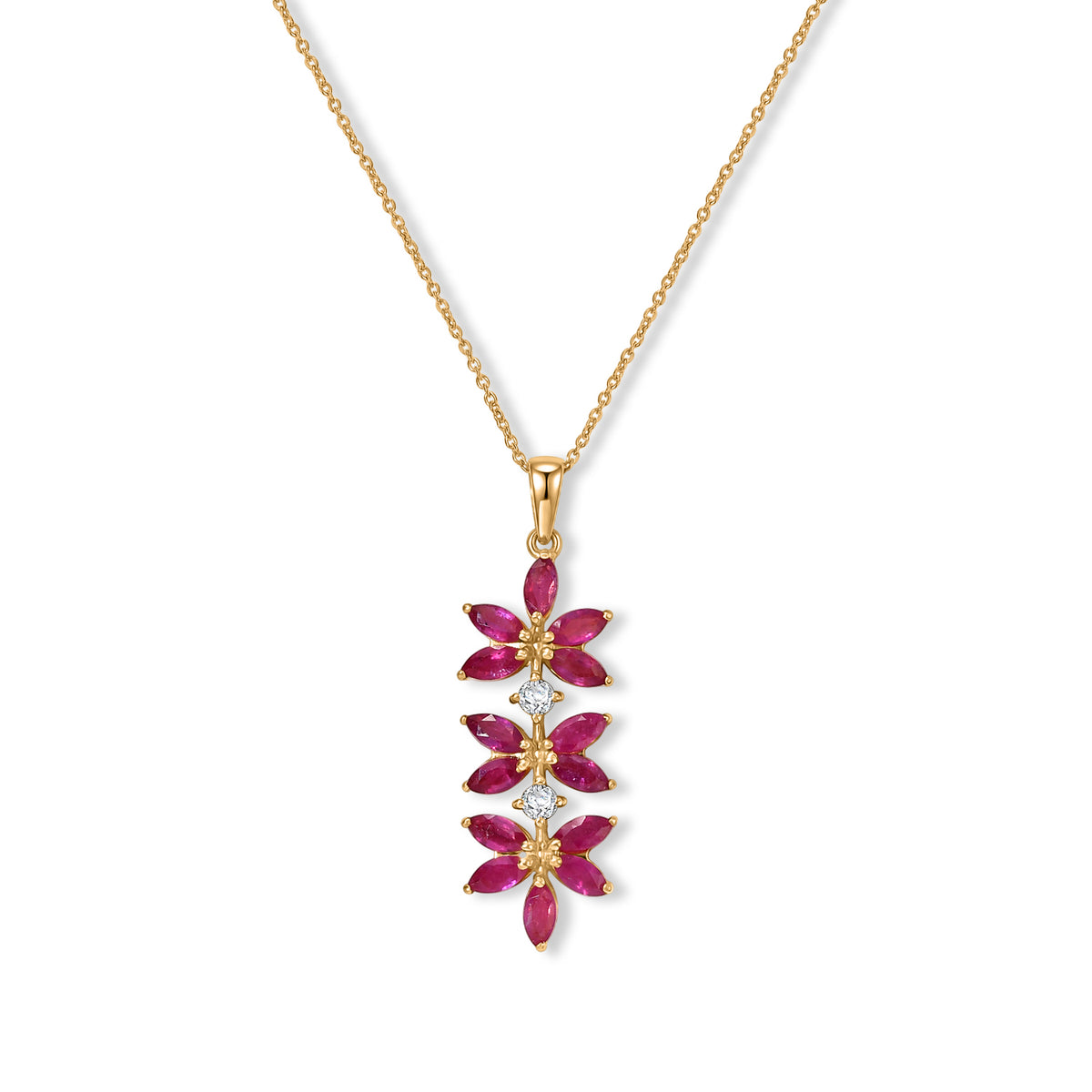 D'Joy - African Ruby &amp; White Zircon Floral Pendant with Chain (Size 20) in Yellow Gold Plated Sterling Silver 3.40 Ct. V32514023 0