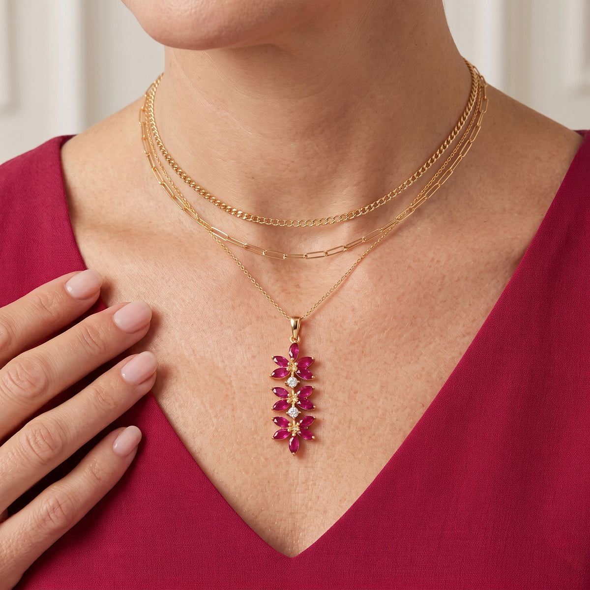 D'Joy - African Ruby &amp; White Zircon Floral Pendant with Chain (Size 20) in Yellow Gold Plated Sterling Silver 3.40 Ct. V32514023 3