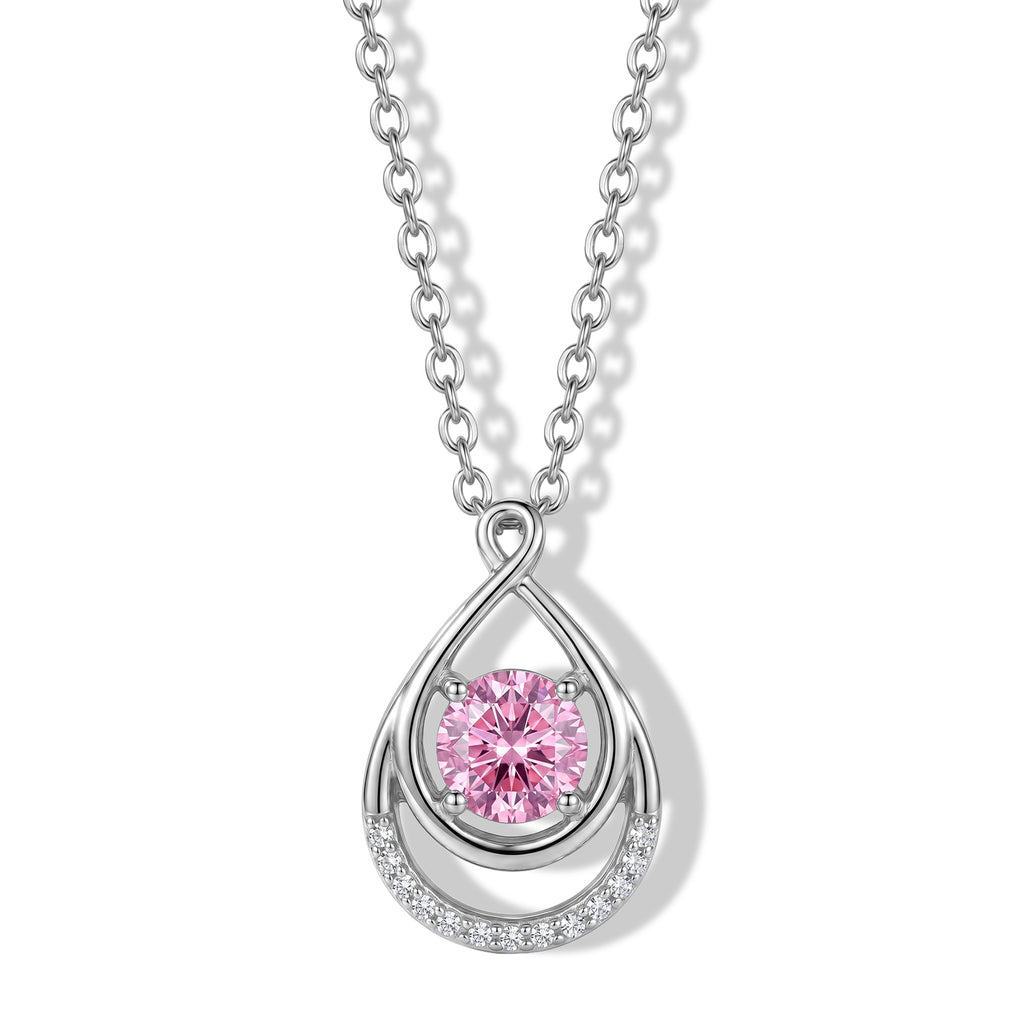 Pink Moissanite & Moissanite Teardrop Pendant in Rhodium Overlay Sterling Silver with Chain (Size 20)_4489822