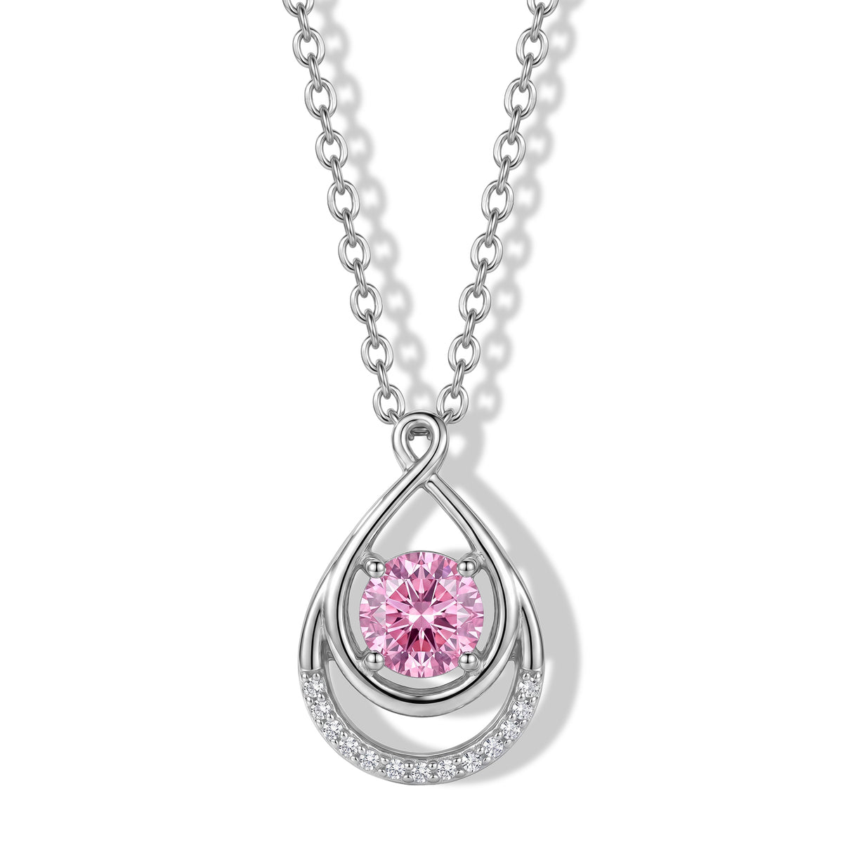 Pink Moissanite &amp; Moissanite Teardrop Pendant in Rhodium Overlay Sterling Silver with Chain (Size 20) V32521502 0