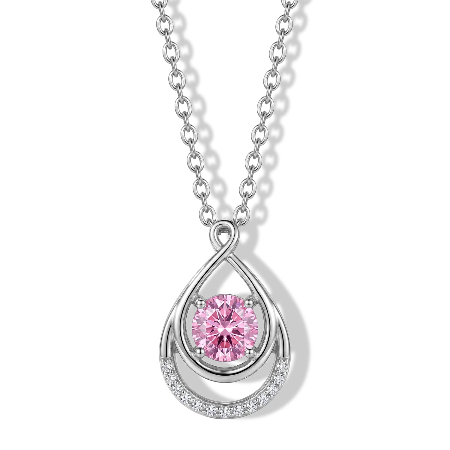 Pink Moissanite &amp; Moissanite Teardrop Pendant in Rhodium Overlay Sterling Silver with Chain (Size 20) V32521502 0