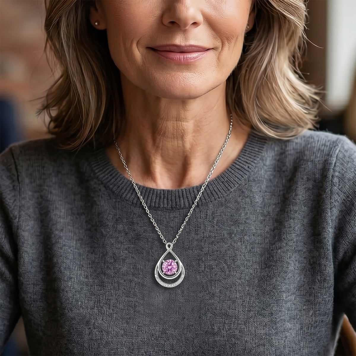 Pink Moissanite &amp; Moissanite Teardrop Pendant in Rhodium Overlay Sterling Silver with Chain (Size 20) V32521502 1