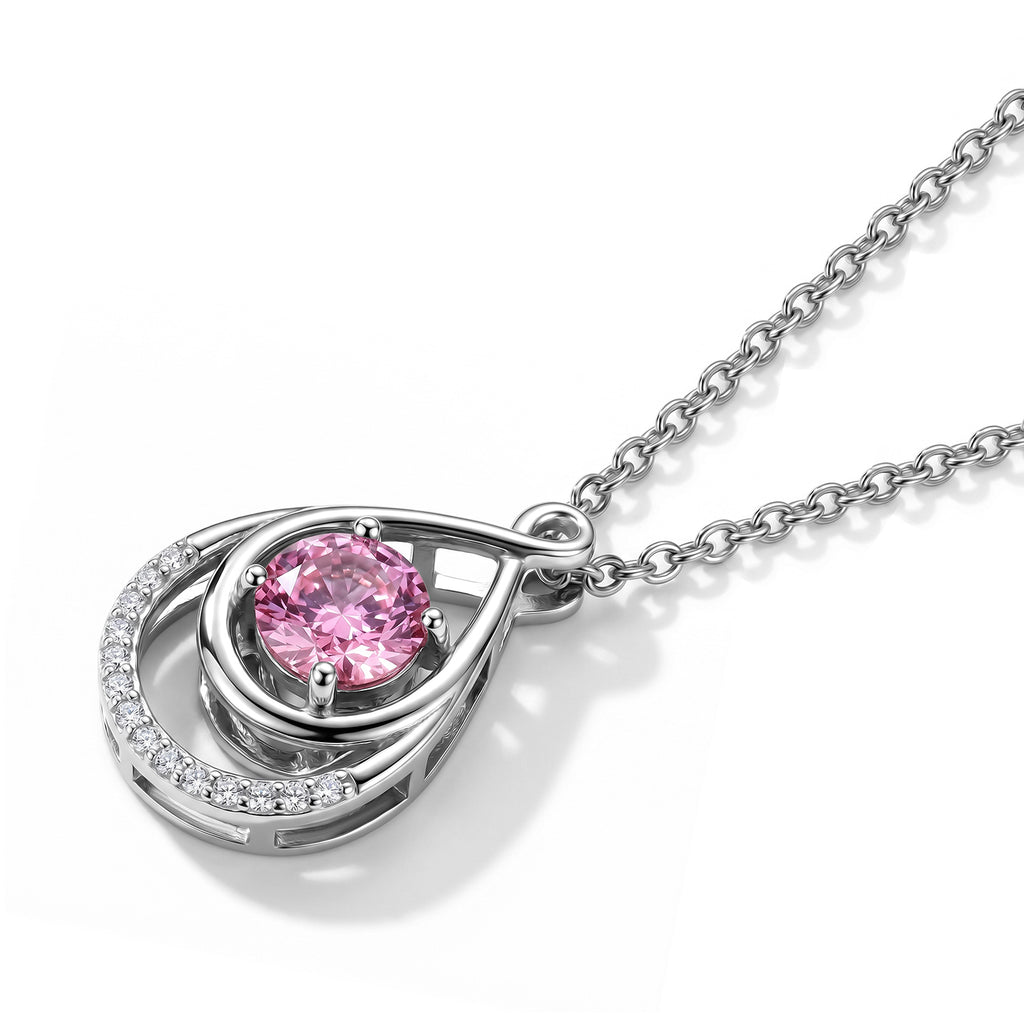 Pink Moissanite & Moissanite Teardrop Pendant in Rhodium Overlay Sterling Silver with Chain (Size 20)_4489822_3