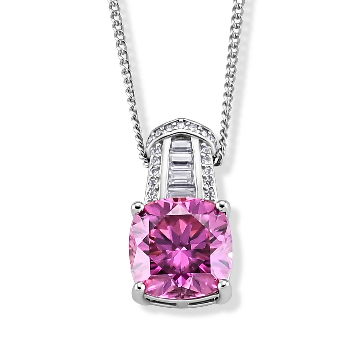 Pink Moissanite &amp; Moissanite Pendant with Chain (Size 18) in Rhodium Overlay Sterling Silver 3.20 Ct. V32602153 0