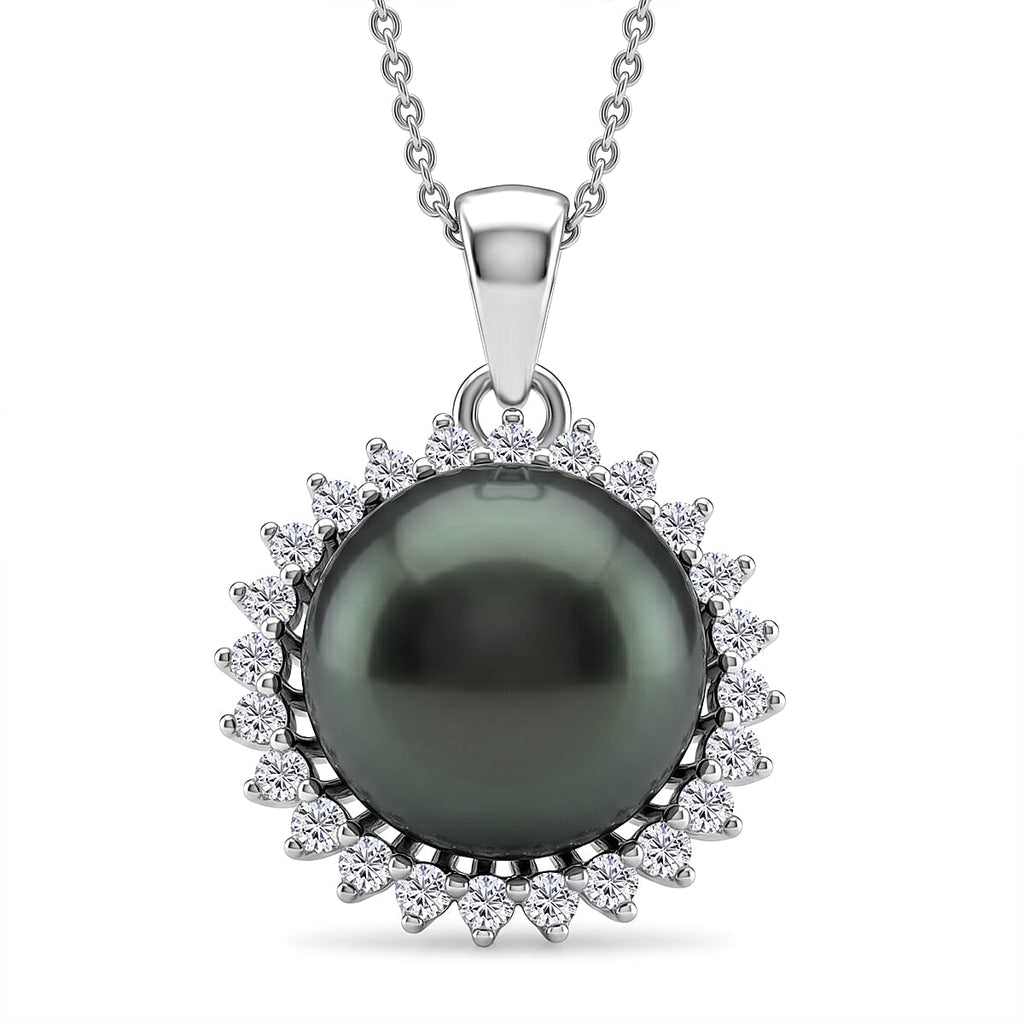 D'Joy - Tahitian Pearl (10-11mm) & Lab Grown Diamond Halo Pendant with Chain (Size 18) in Rhodium Overlay Sterling Silver 8.10 Ct.