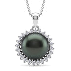 D'Joy - Tahitian Pearl (10-11mm) & Lab Grown Diamond Halo Pendant with Chain (Size 18) in Rhodium Overlay Sterling Silver 8.10 Ct.