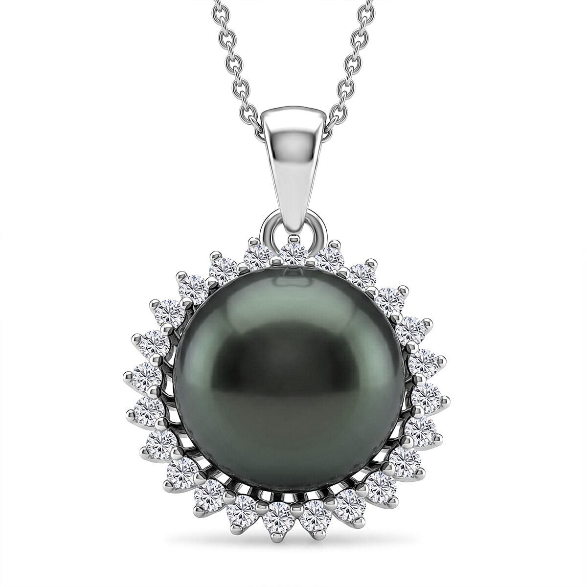D'Joy - Tahitian Pearl (10-11mm) &amp; Lab Grown Diamond Halo Pendant with Chain (Size 18) in Rhodium Overlay Sterling Silver 8.00 Ct. 4489862 0