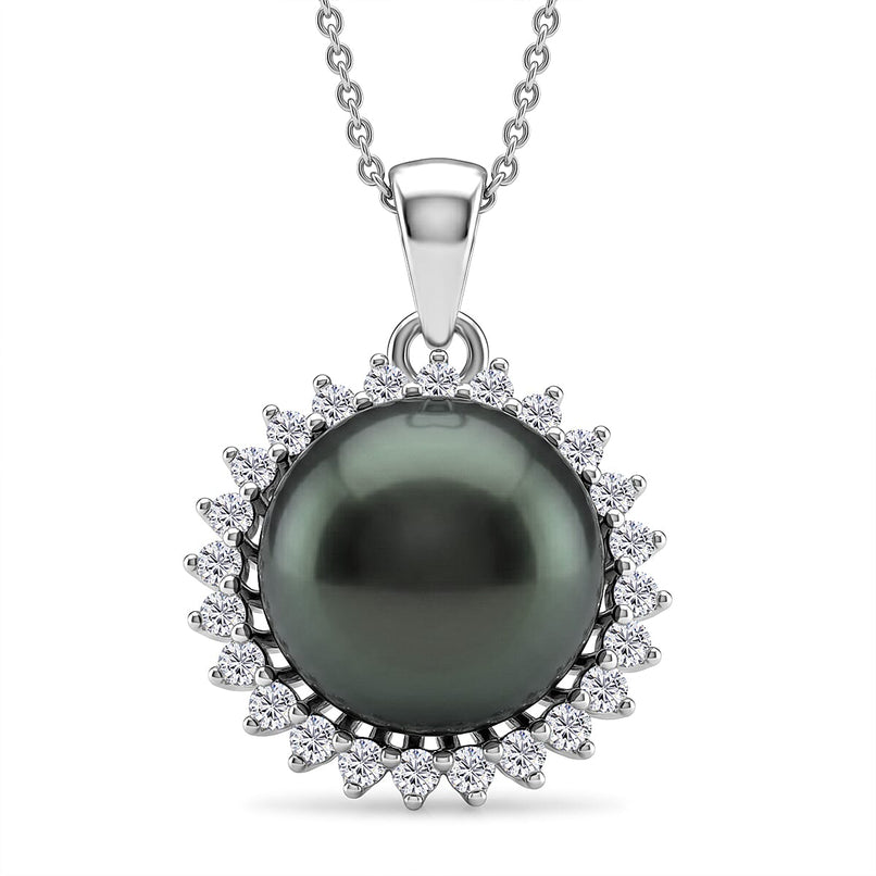 D'Joy - Tahitian Pearl (10-11mm) & Lab Grown Diamond Halo Pendant with Chain (Size 18) in Rhodium Overlay Sterling Silver 8.10 Ct.