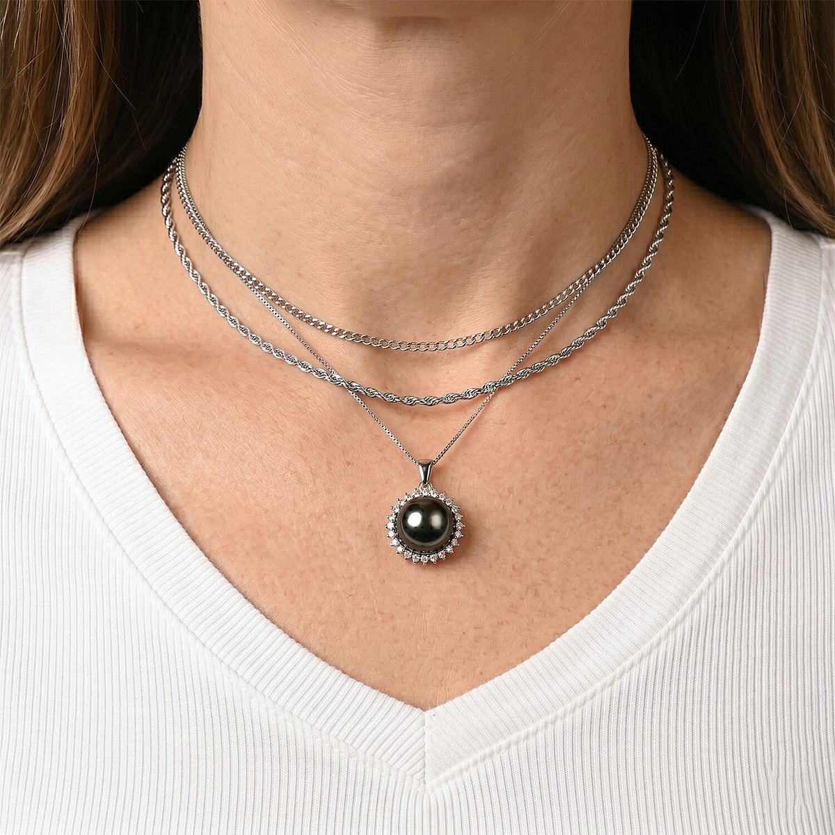 D'Joy - Tahitian Pearl (10-11mm) &amp; Lab Grown Diamond Halo Pendant with Chain (Size 18) in Rhodium Overlay Sterling Silver 8.00 Ct. 4489862 3