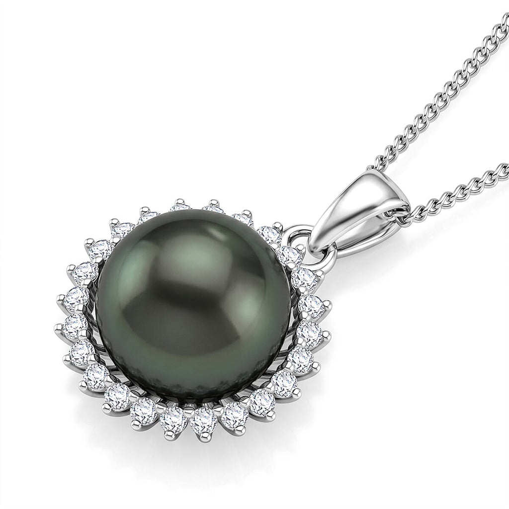 D'Joy - Tahitian Pearl (10-11mm) & Lab Grown Diamond Halo Pendant with Chain (Size 18) in Rhodium Overlay Sterling Silver 8.10 Ct.