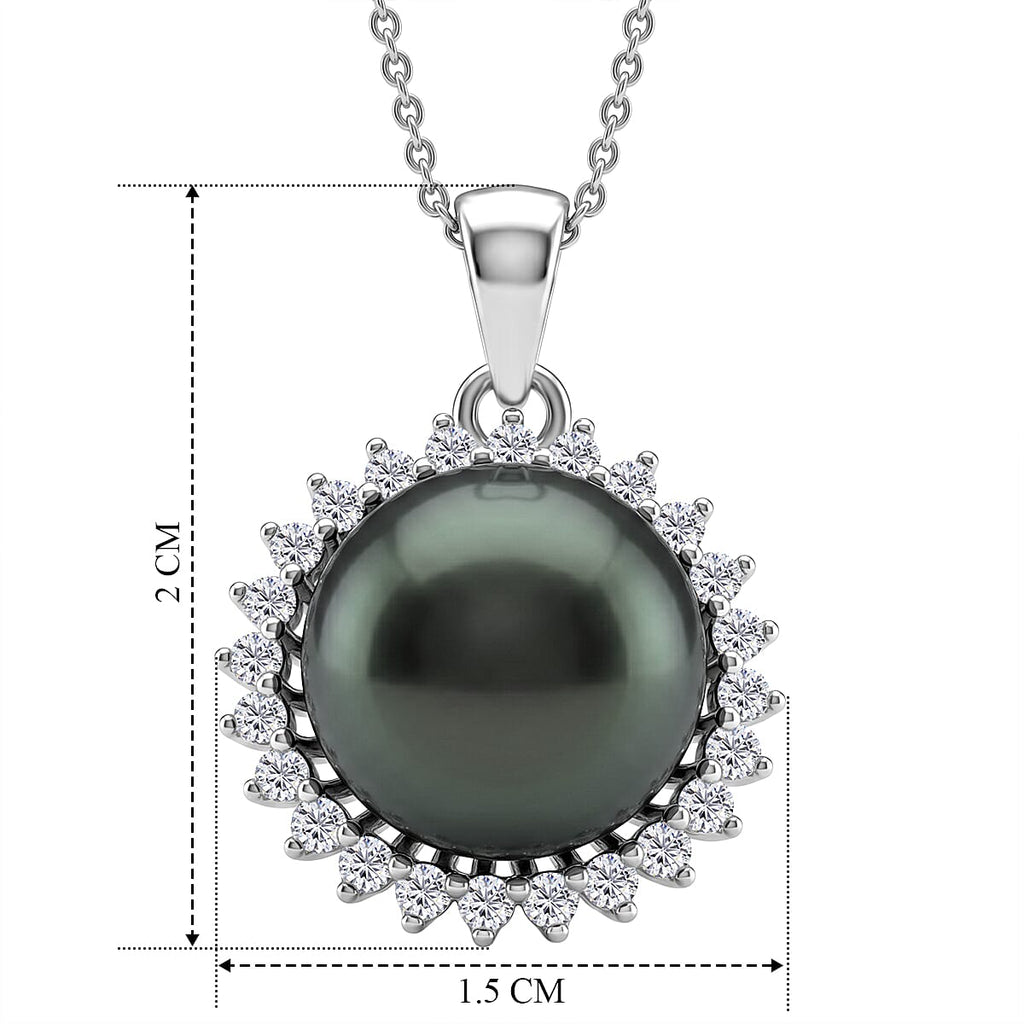D'Joy - Tahitian Pearl (10-11mm) & Lab Grown Diamond Halo Pendant with Chain (Size 18) in Rhodium Overlay Sterling Silver 8.10 Ct.