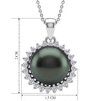 D'Joy - Tahitian Pearl (10-11mm) & Lab Grown Diamond Halo Pendant with Chain (Size 18) in Rhodium Overlay Sterling Silver 8.10 Ct.