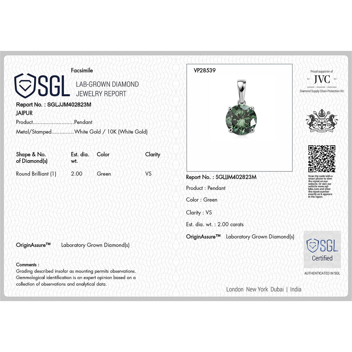 Certified and Appraised Lab Grown Green Diamond Pendant with Chain (Size 20) in 10K White Gold, Gold Wt. 2.75 Gms  2.000  Ct. 4490453 6