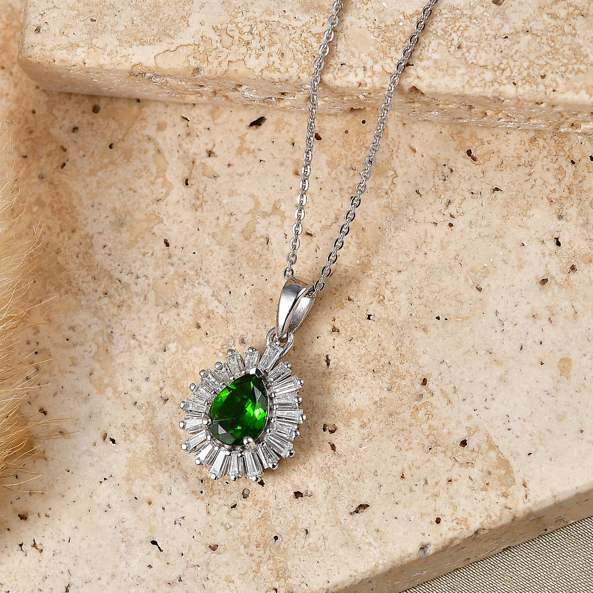 D'Joy - Natural Chrome Diopside &amp; Moissanite Halo Pendant with Chain (Size 20) in Rhodium Overlay Sterling Silver 1.74 Ct. 4490511 3