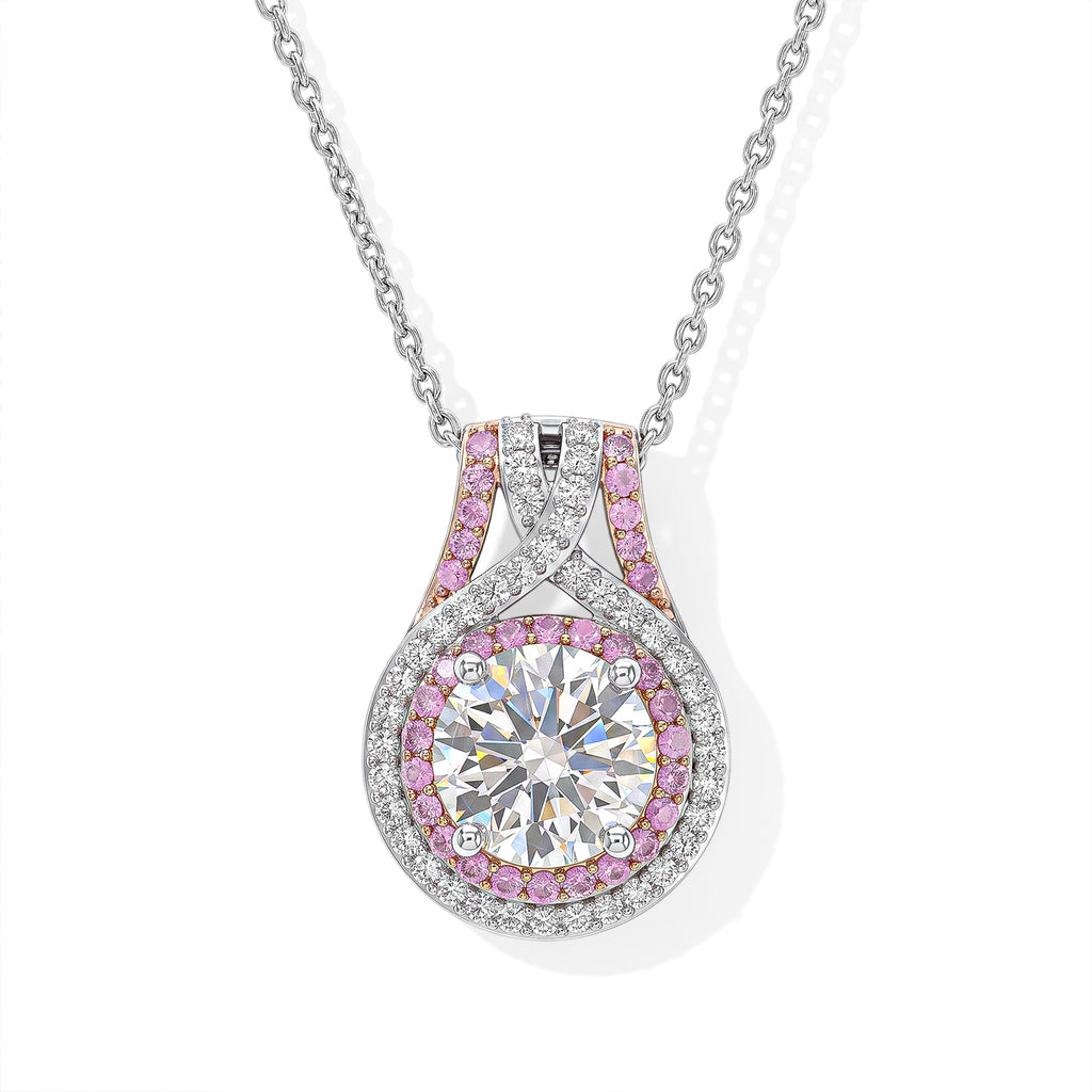 D'Joy - Moissanite & Pink Sapphire Pendant with Chain (Size 20) in Rhodium Overlay Sterling Silver 3.30 Ct._4490552
