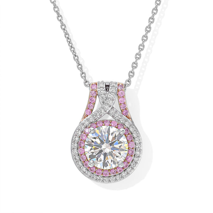 D'Joy - Moissanite &amp; Pink Sapphire Halo Pendant with Chain (Size 20) in Rhodium Overlay Sterling Silver 3.30 Ct. 4490552 1