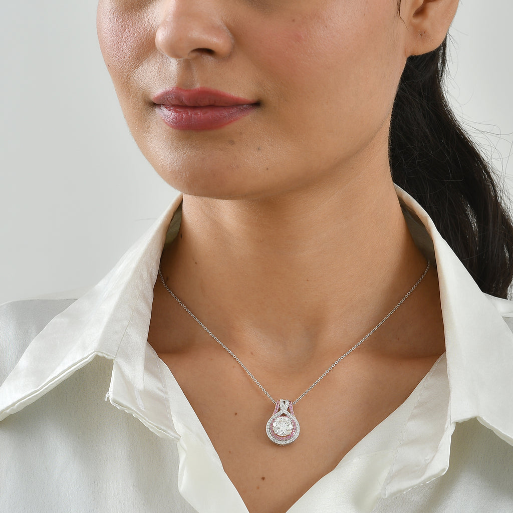D'Joy - Moissanite & Pink Sapphire Pendant with Chain (Size 20) in Rhodium Overlay Sterling Silver 3.30 Ct._4490552_1