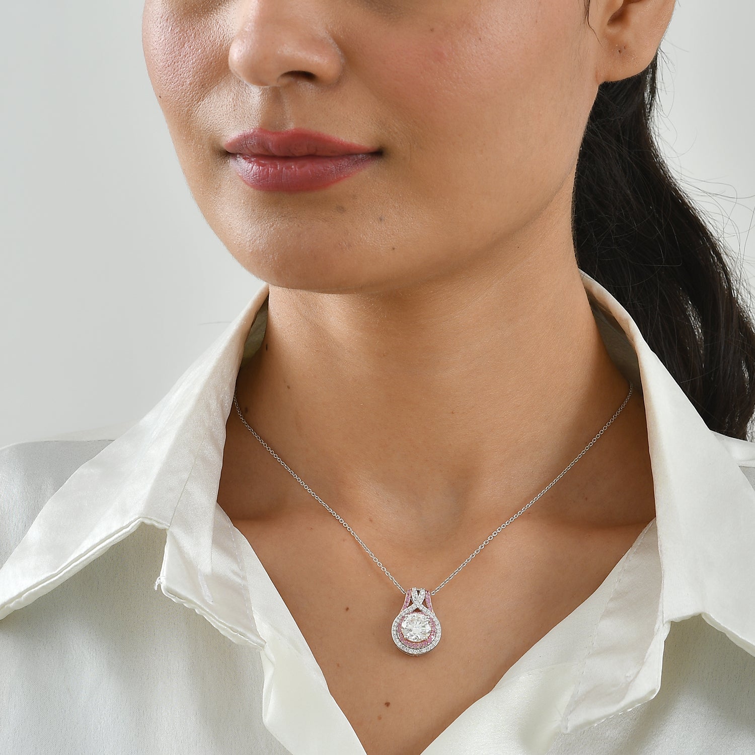 D'Joy - Moissanite &amp; Pink Sapphire Pendant with Chain (Size 20) in Rhodium Overlay Sterling Silver 3.30 Ct. 4490552 1