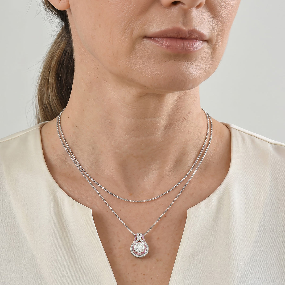 D'Joy - Moissanite &amp; Pink Sapphire Pendant with Chain (Size 20) in Rhodium Overlay Sterling Silver 3.30 Ct. 4490552 2