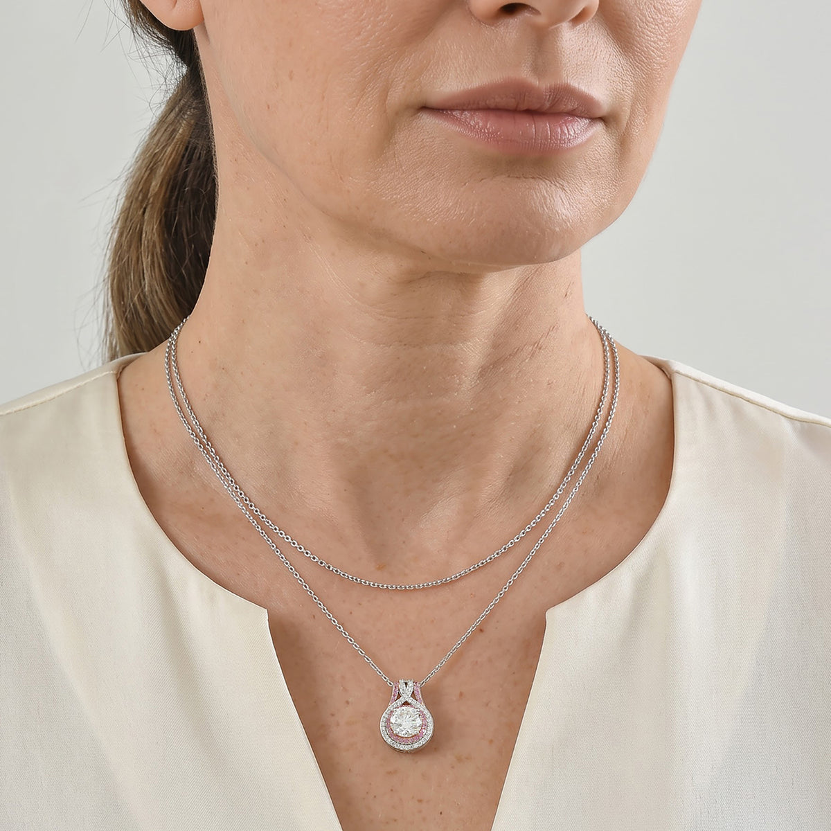D'Joy - Moissanite &amp; Pink Sapphire Pendant with Chain (Size 20) in Rhodium Overlay Sterling Silver 3.30 Ct. 4490552 2