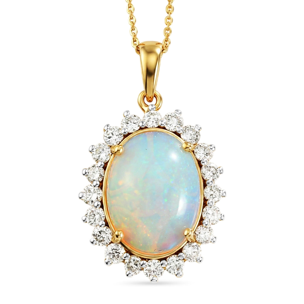 Luxuriant - OTO - Ethiopian Opal & Lab Grown Diamond (SI/G-H) Halo Pendant with Chain (Size 20) in 18K Vermeil Yellow Gold Plated Sterling Silver 6.70 Ct._4490587