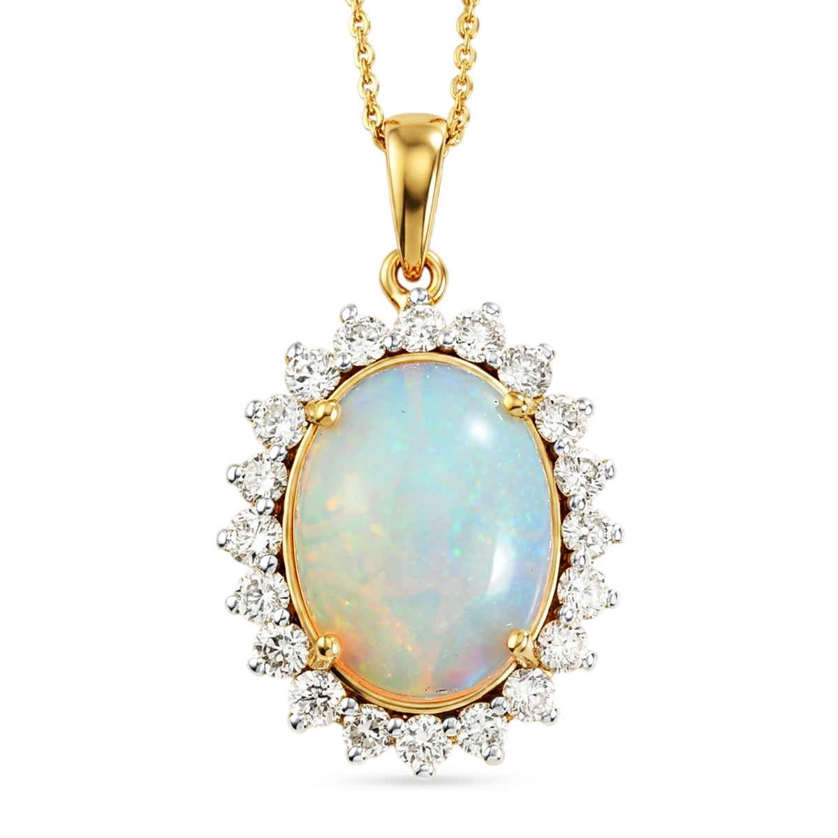 Luxuriant - OTO - Ethiopian Opal &amp; Lab Grown Diamond (SI/G-H) Halo Pendant with Chain (Size 20) in 18K Vermeil Yellow Gold Plated Sterling Silver 6.70 Ct. V32521396 0