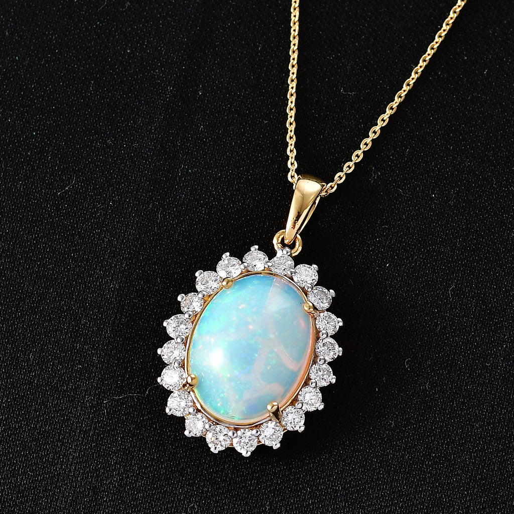Luxuriant - OTO - Ethiopian Opal & Lab Grown Diamond (SI/G-H) Halo Pendant with Chain (Size 20) in 18K Vermeil Yellow Gold Plated Sterling Silver 6.70 Ct._4490587_2