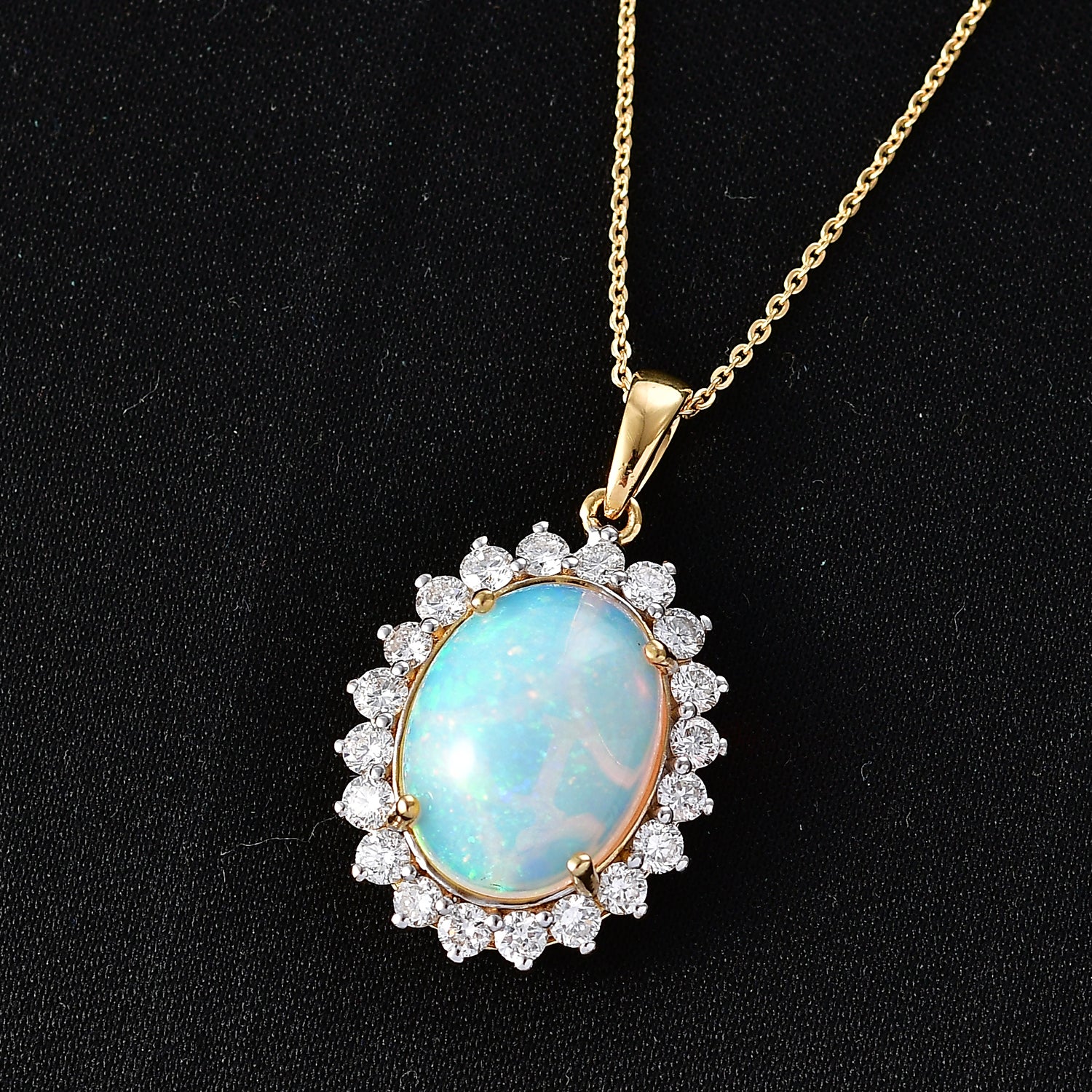 Luxuriant - OTO - Ethiopian Opal &amp; Lab Grown Diamond (SI/G-H) Halo Pendant with Chain (Size 20) in 18K Vermeil Yellow Gold Plated Sterling Silver 6.70 Ct. V32521396 3