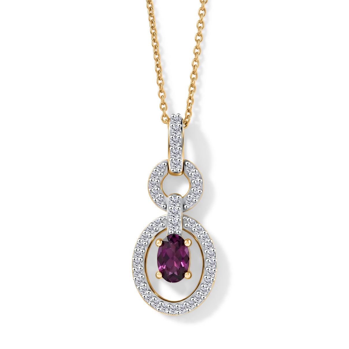 D'Joy - Natural Radiant Ember Garnet &amp; White Zircon Drop Pendant with Chain (Size 20) in Yellow Gold Plated Sterling Silver 1.00 Ct. V32514666 0