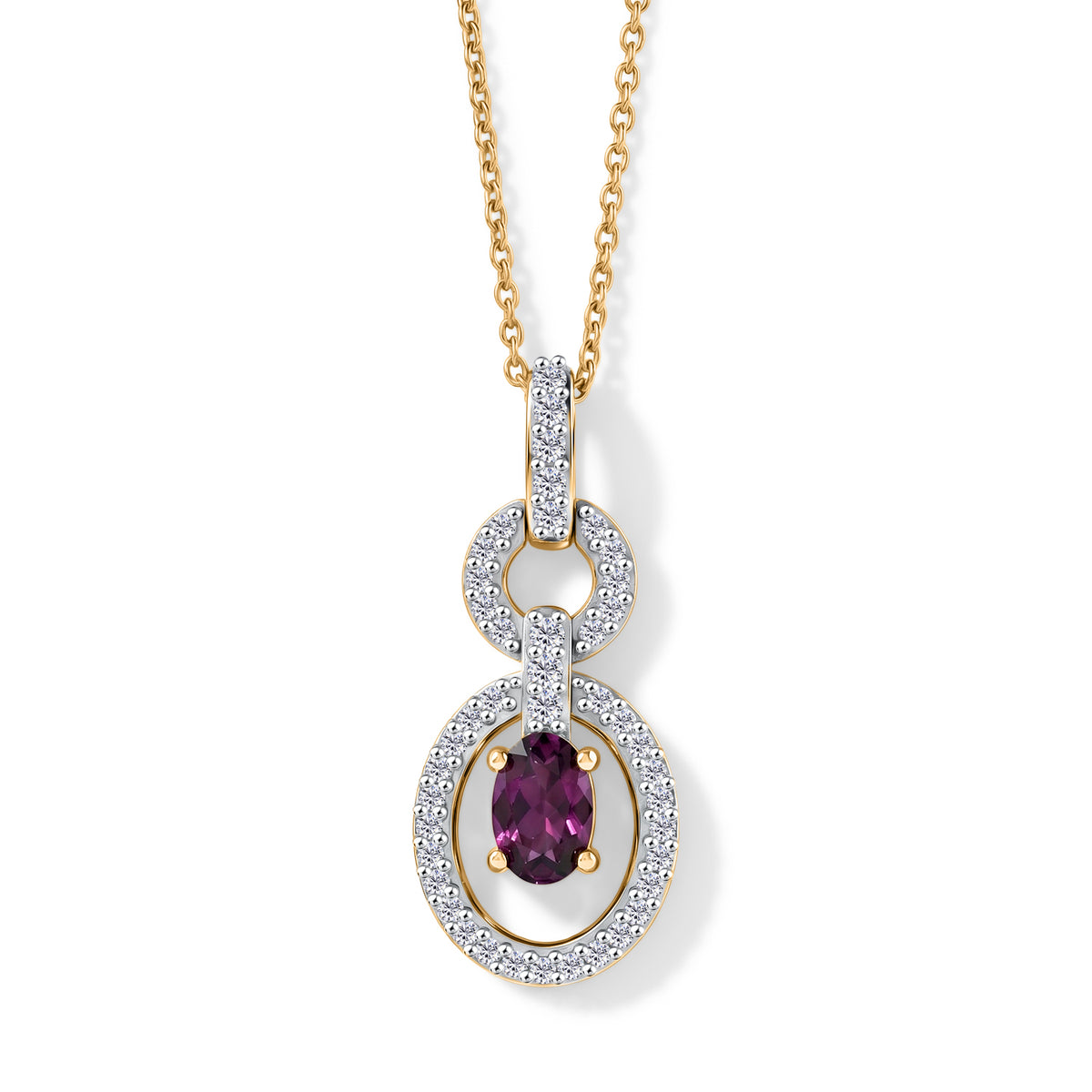 D'Joy - Natural Radiant Ember Garnet &amp; White Zircon Drop Pendant with Chain (Size 20) in Yellow Gold Plated Sterling Silver 1.00 Ct. V32514666 0