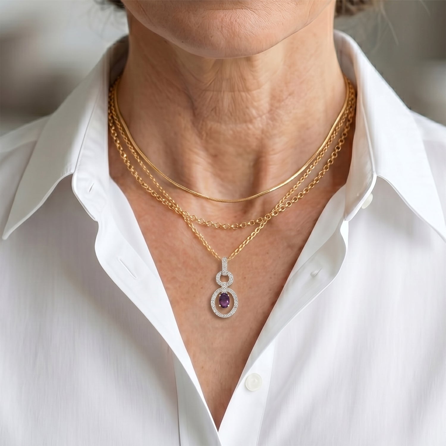 D'Joy - Natural Radiant Ember Garnet &amp; White Zircon Drop Pendant with Chain (Size 20) in Yellow Gold Plated Sterling Silver 1.00 Ct. V32514666 3