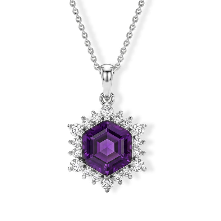 D'Joy - Natural Moroccan Amethyst &amp; White Zircon Halo Pendant with Chain (Size 20) in Rhodium Overlay Sterling Silver 5.50 Ct. 4490835 1