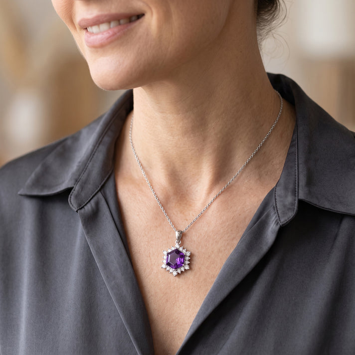 D'Joy - Natural Moroccan Amethyst &amp; White Zircon Halo Pendant with Chain (Size 20) in Rhodium Overlay Sterling Silver 5.50 Ct. 4490835 2