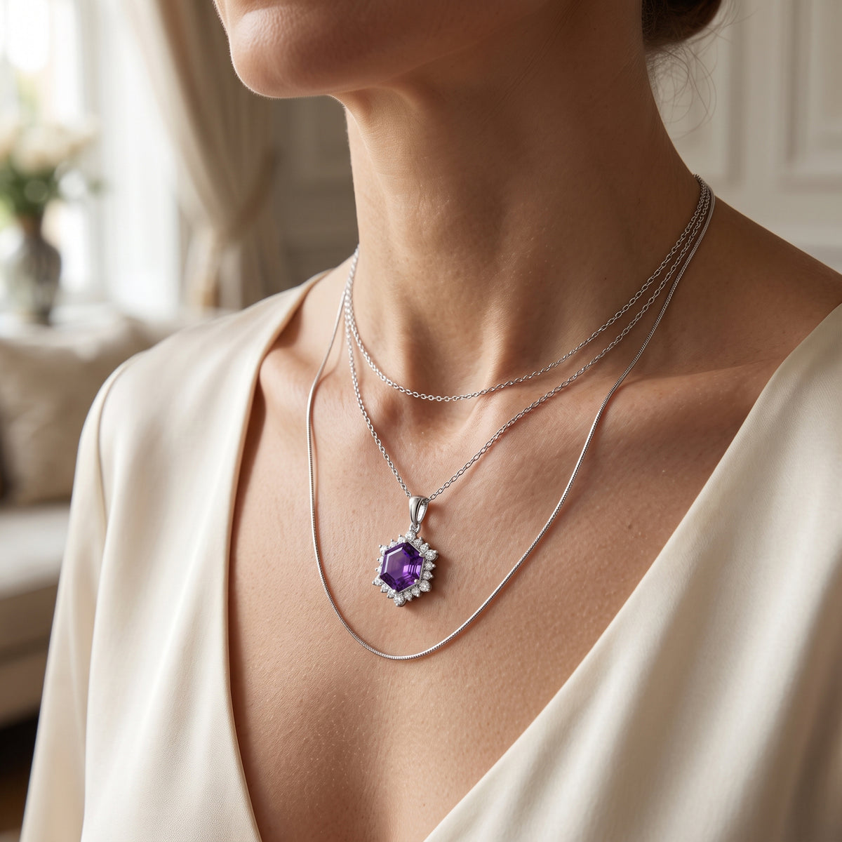 D'Joy - Natural Moroccan Amethyst &amp; White Zircon Halo Pendant with Chain (Size 20) in Rhodium Overlay Sterling Silver 5.50 Ct. 4490835 3