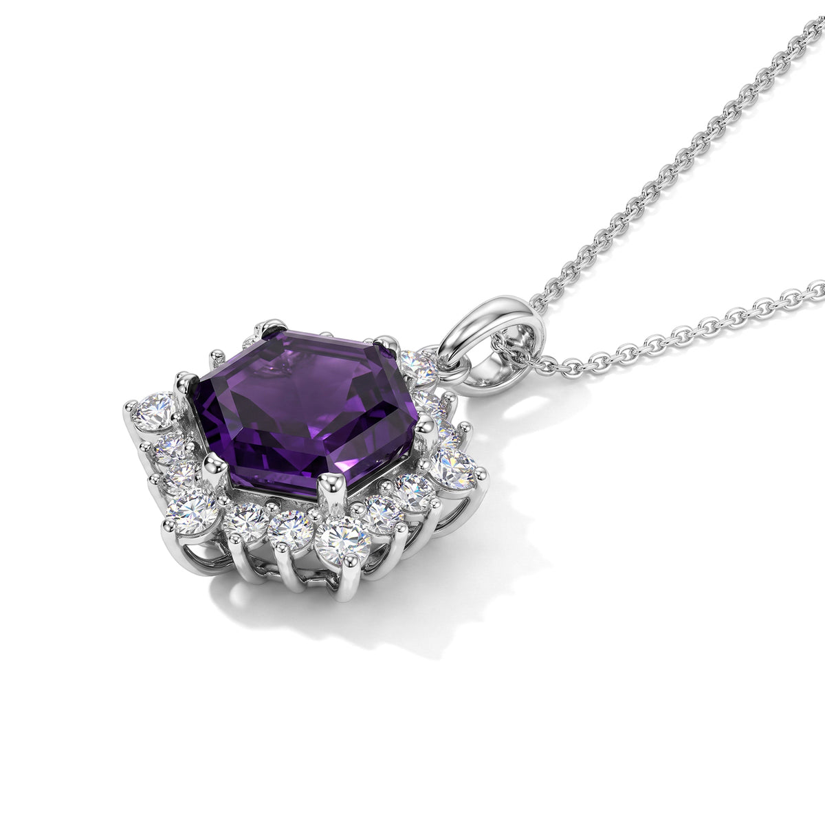 D'Joy - Natural Moroccan Amethyst &amp; White Zircon Halo Pendant with Chain (Size 20) in Rhodium Overlay Sterling Silver 5.50 Ct. 4490835 4